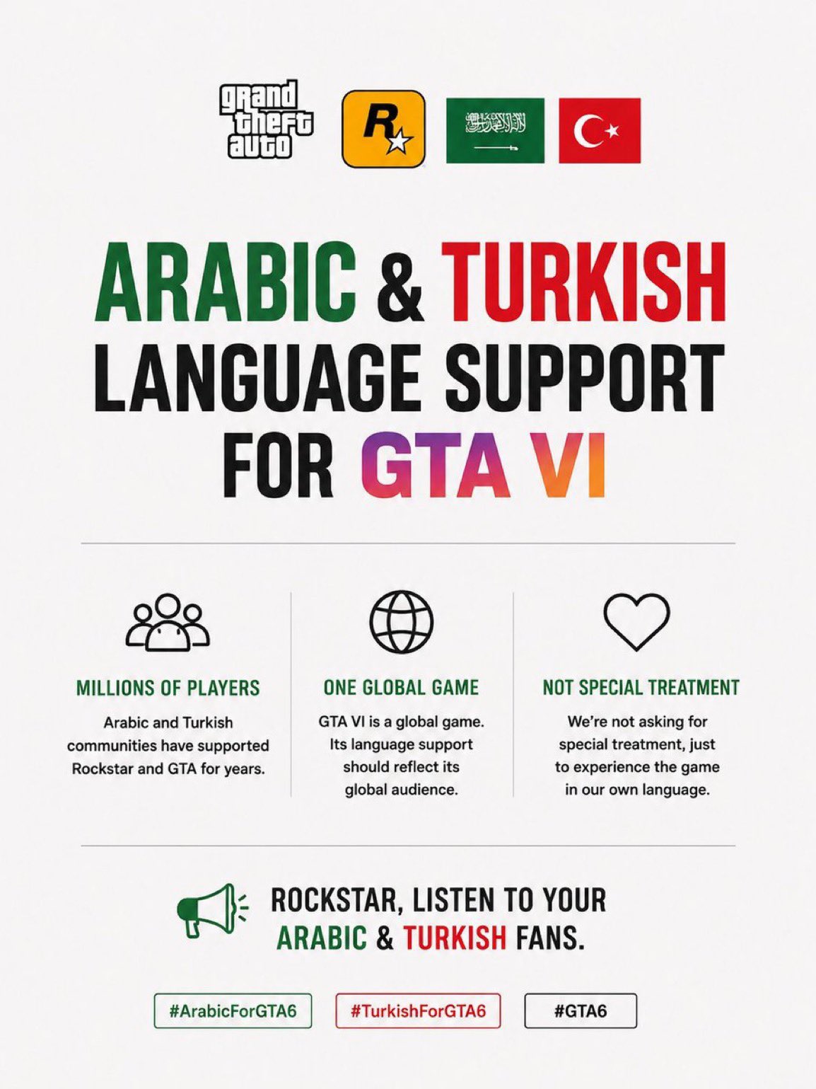 Petition poster asking Rockstar Games for Arabic and Turkish language support in GTA VI, with hashtag boxes #ArabicForGTA6, #TurkishForGTA6 and #GTA6