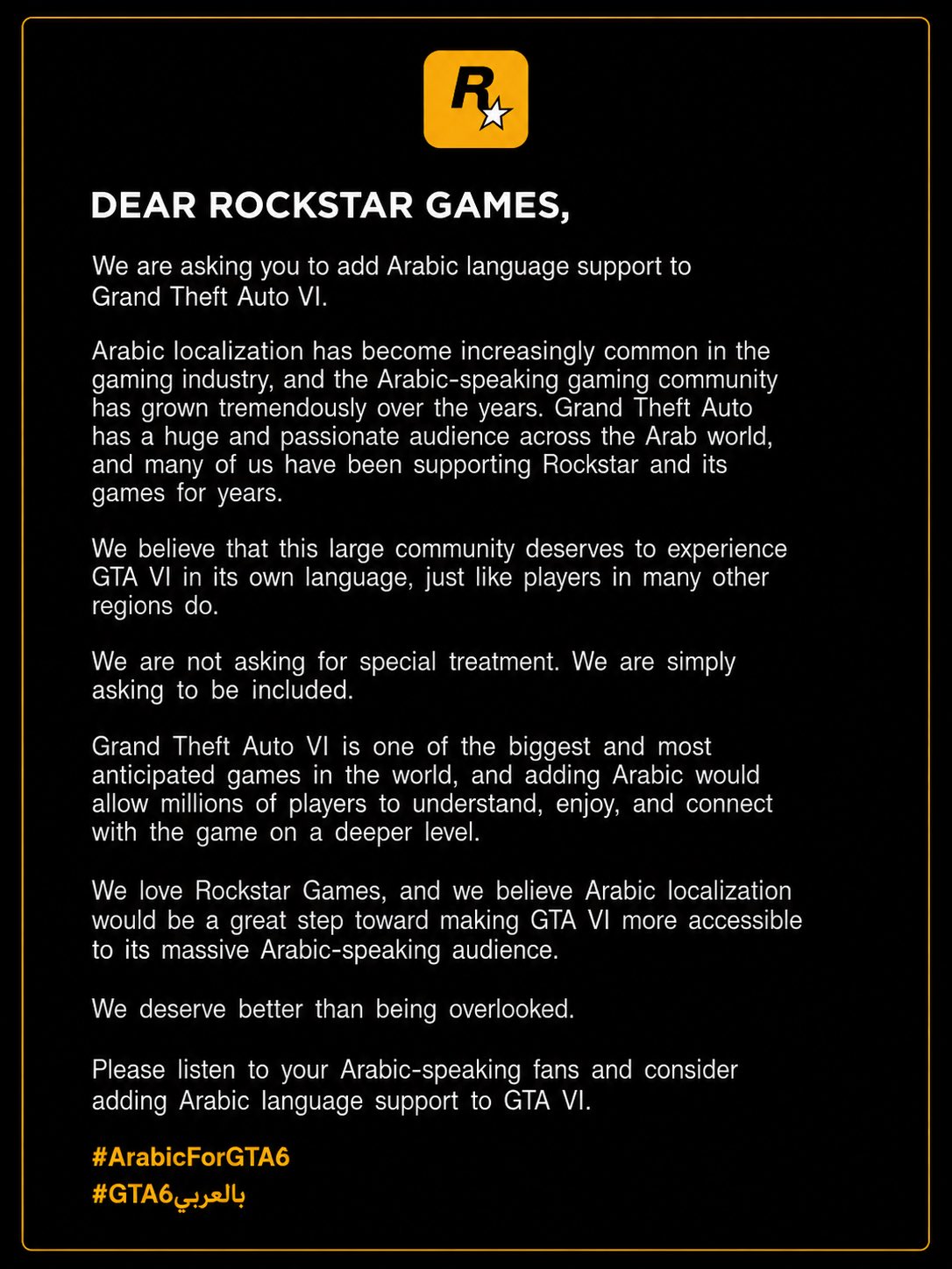 Open letter to Rockstar Games asking for Arabic language support in GTA VI, signed by the Arabic-speaking gaming community
