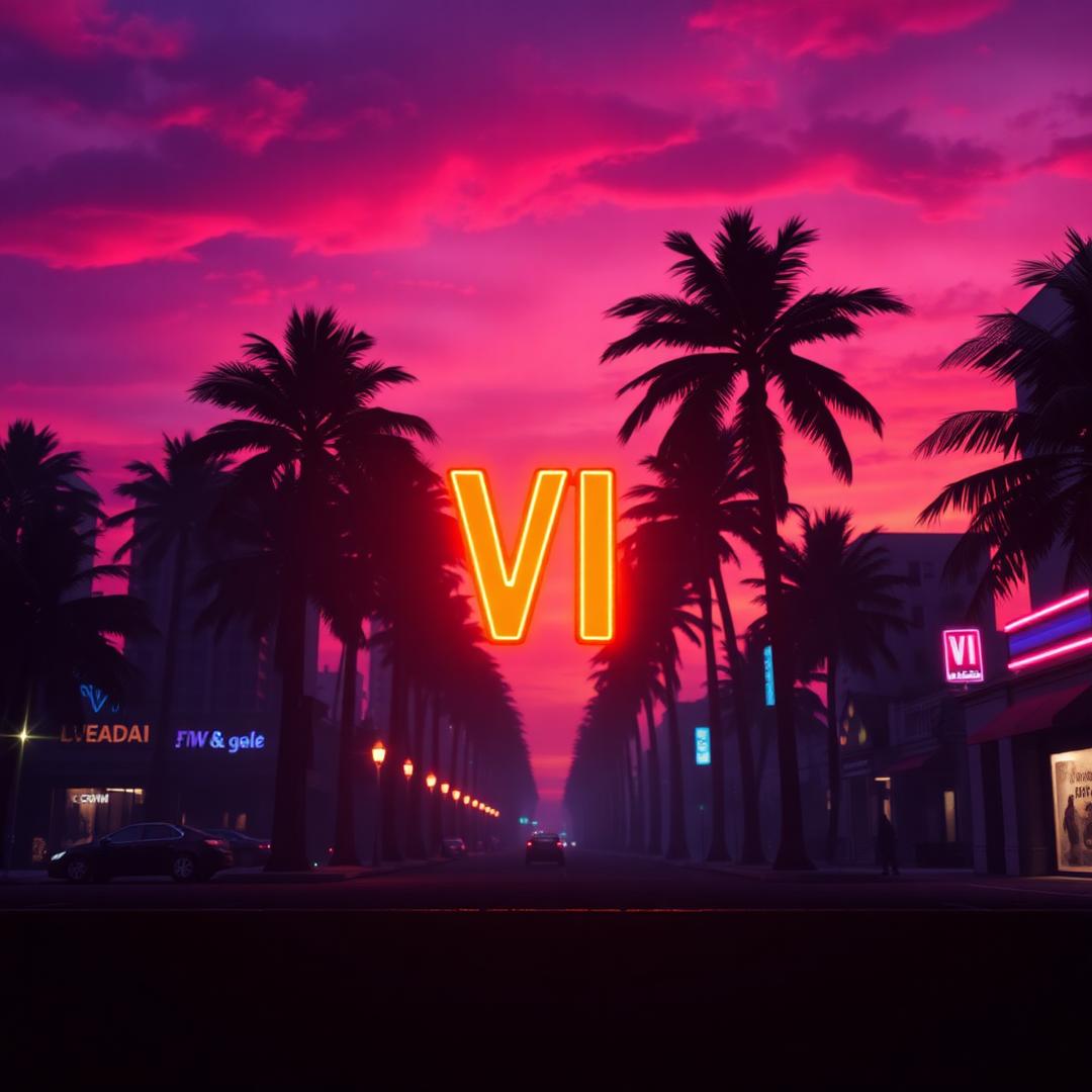 Neon VI sign glowing over a Vice City style street at sunset